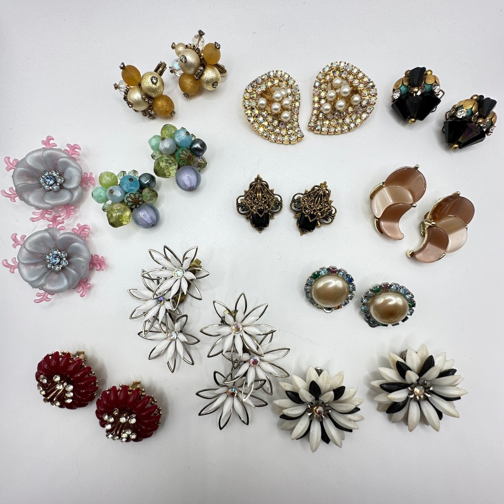 Vintage Clip On Earring Lot 11 Pairs Signed Vendome Coro Lisner West Germany